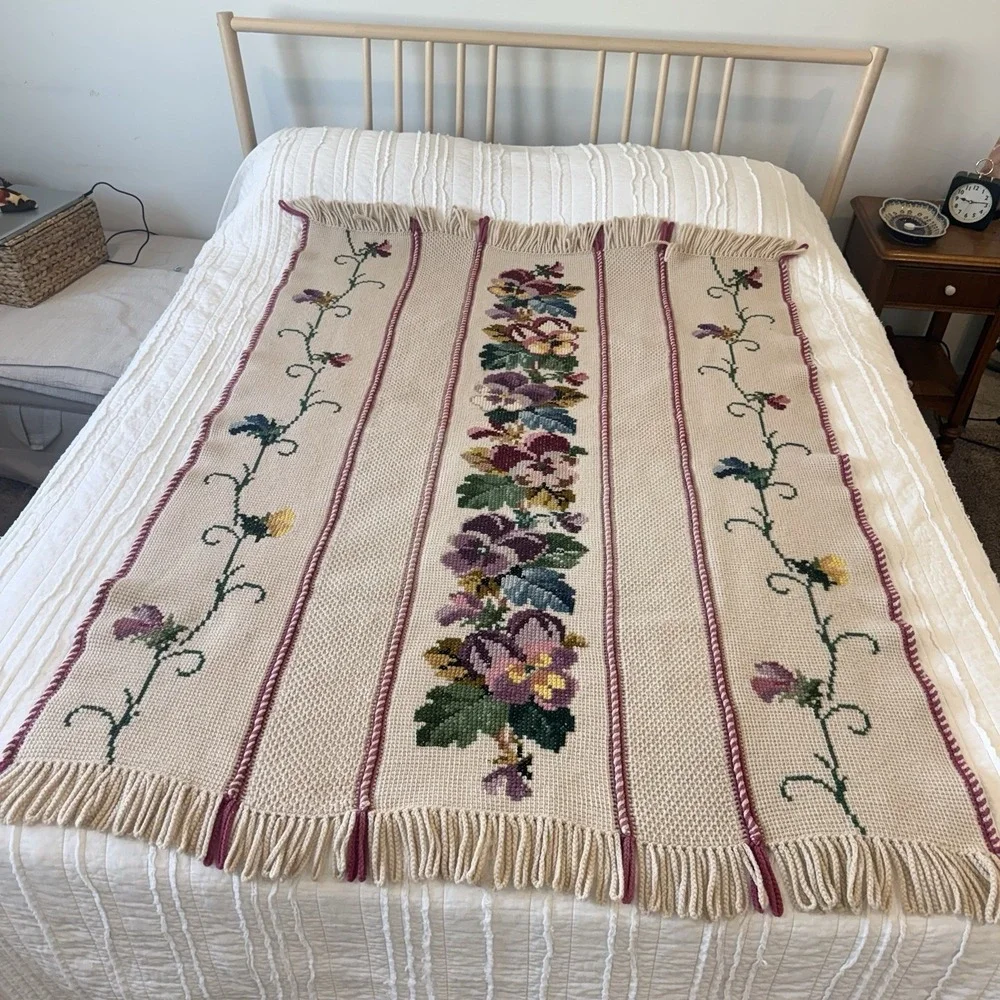 VTG Handmade Afghan Throw Blanket Cross Stitch Floral Cottage Granny 46 x 62